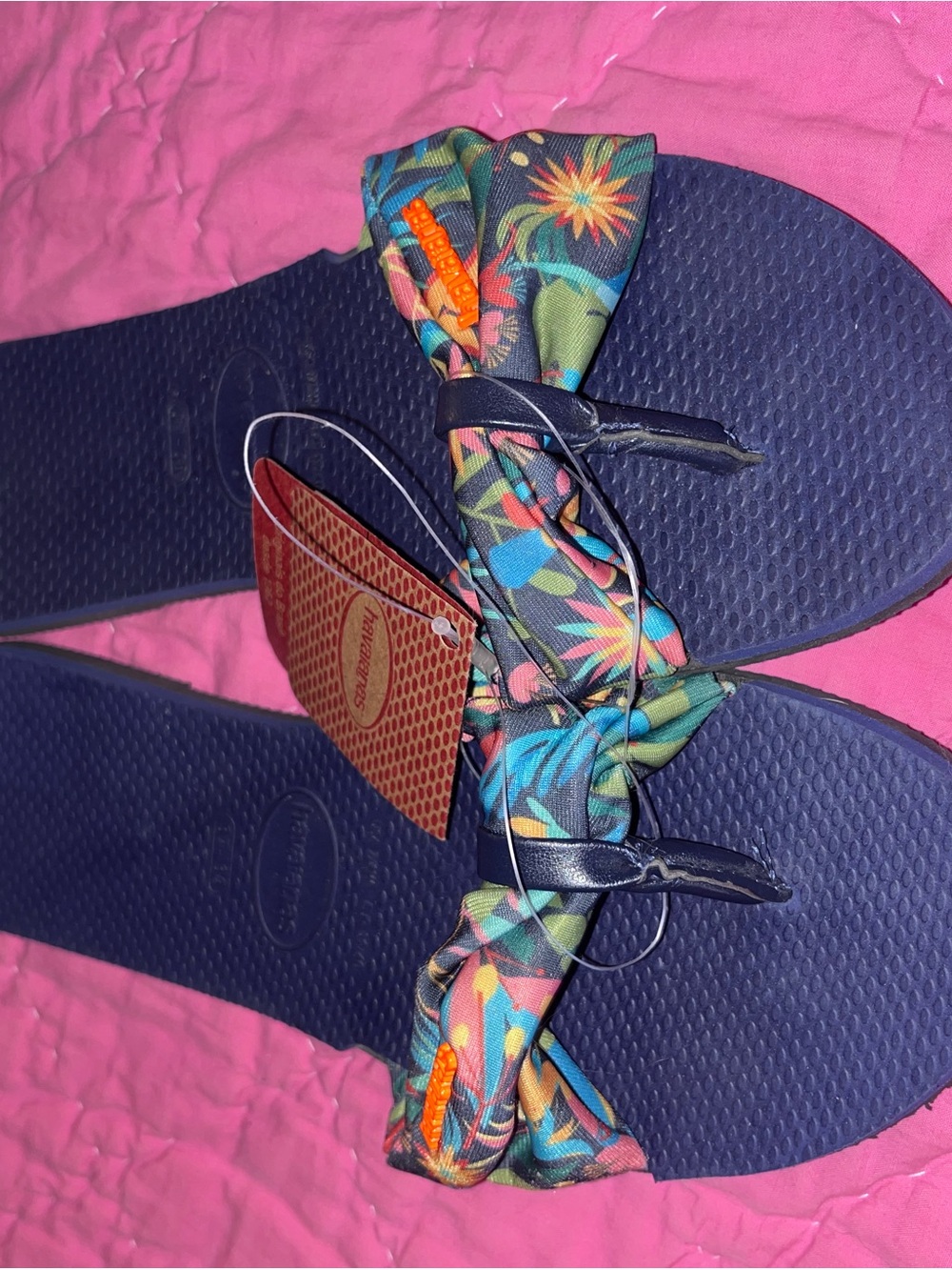 Havaianas Navy Flip Flops with Multicolor Floral Knot Strap New 7/8